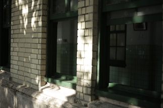 Exterior view of a building with green window frames and light brick walls. Shadows from nearby trees create a dappled effect on the facade. Part of the interior, featuring green tiled walls, can be seen through the windows.