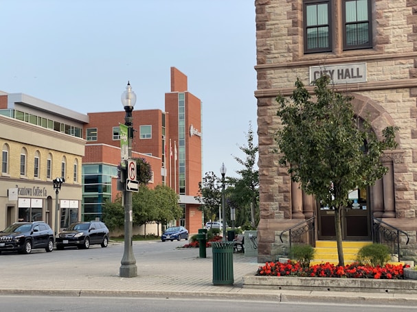 A street scene with a historic city hall building featuring stone architecture and large arched windows on the right. The foreground includes a landscaped area with red flowers and a tree. Several modern buildings in the background, including a coffee shop and a brick office building. Cars are parked along the street, and there are streetlamps and signage visible.