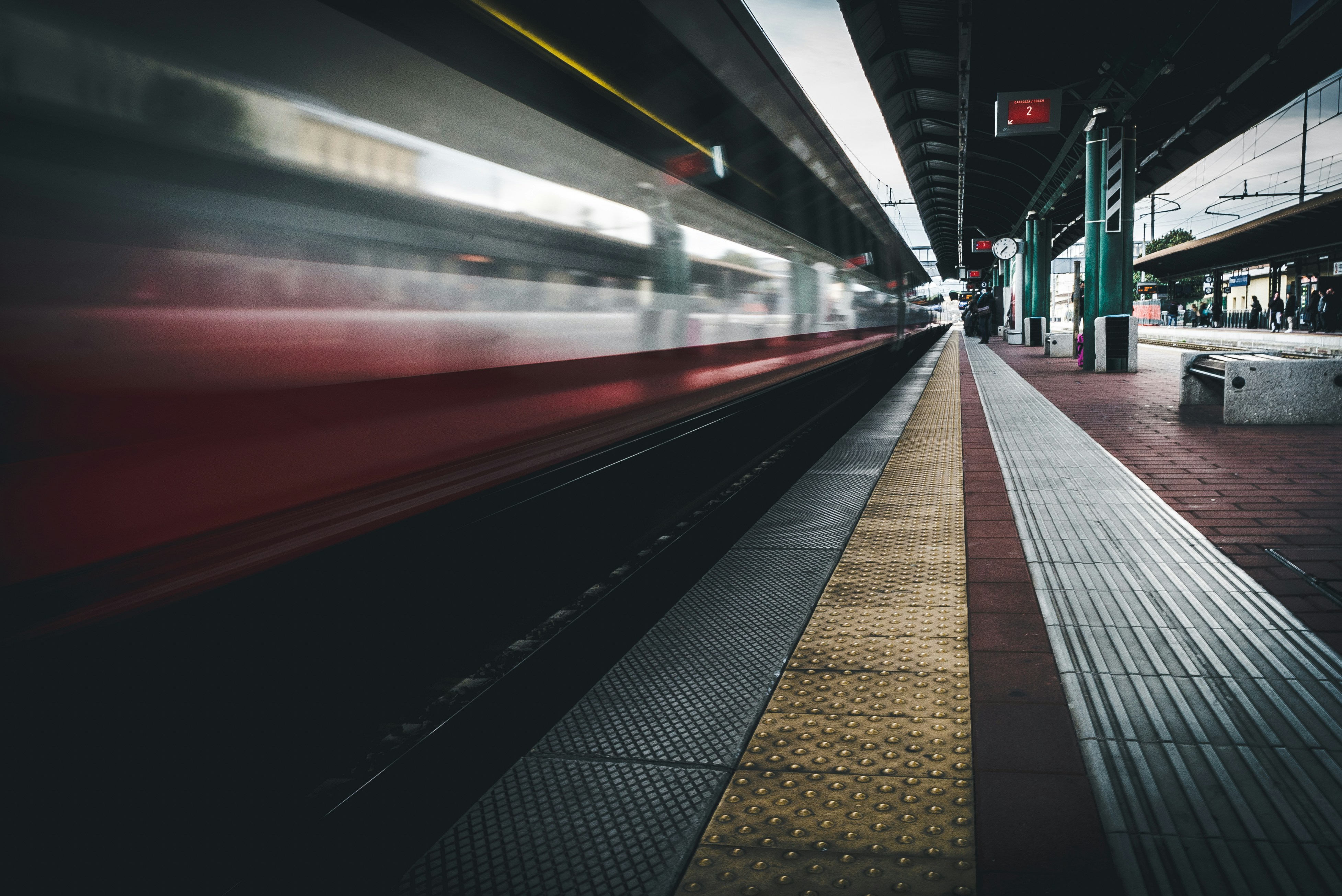 red and white train on train station, Trains