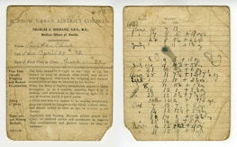 An old medical document from Harrow Urban District Council detailing a child's health records. The left side provides instructions for medical visits and examinations, mentioning the child's name, date of birth, and first clinic visit. The right side lists dates and weights, tracking the child's growth over time. The handwriting is faded and the paper shows signs of aging.