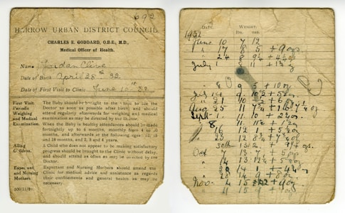 An old medical document from Harrow Urban District Council detailing a child's health records. The left side provides instructions for medical visits and examinations, mentioning the child's name, date of birth, and first clinic visit. The right side lists dates and weights, tracking the child's growth over time. The handwriting is faded and the paper shows signs of aging.