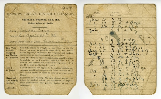 An old medical document from Harrow Urban District Council detailing a child's health records. The left side provides instructions for medical visits and examinations, mentioning the child's name, date of birth, and first clinic visit. The right side lists dates and weights, tracking the child's growth over time. The handwriting is faded and the paper shows signs of aging.