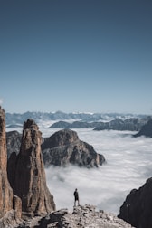A solo traveler standing on a rocky outcrop, looking over a vast mountain range.