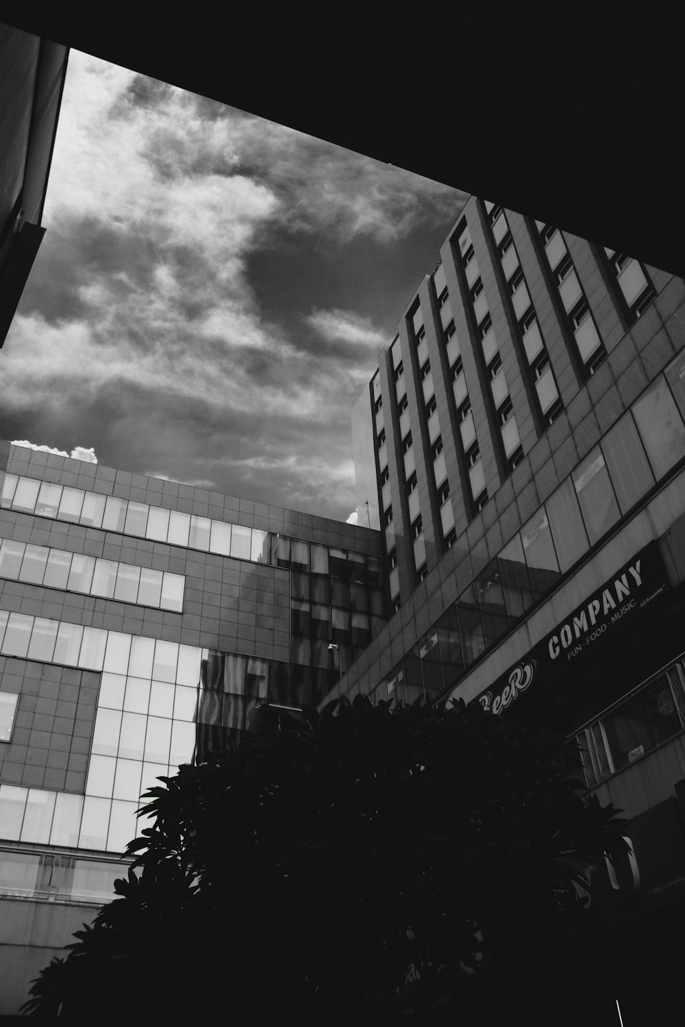 grayscale photo of city building