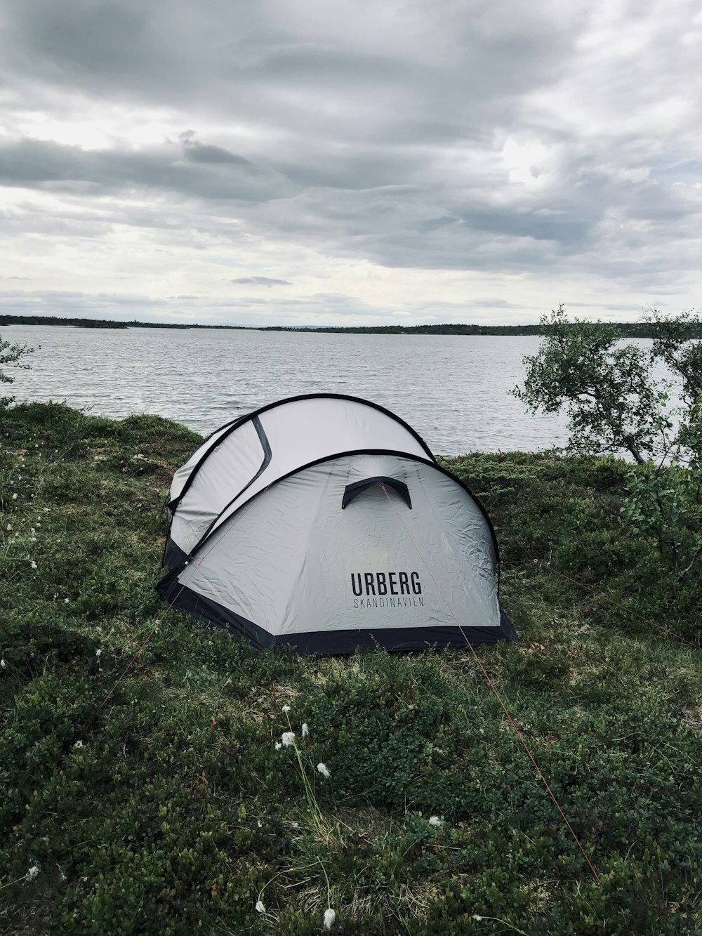 white dome tent on green grass field near body of water during daytime