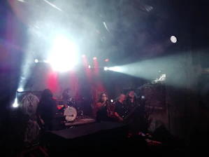 Dark gothic rock band performing on stage with deep red and black lighting.