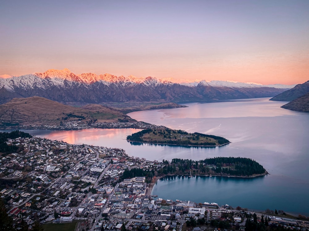 aerial view of lake and mountains during daytime