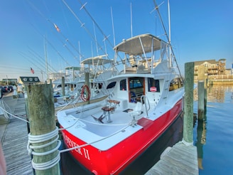 A red and white fishing boat docked at a marina, equipped with multiple fishing rods pointing upwards. The boat is tied to a wooden pier with ropes. Nearby, other boats are visible, and residential buildings are in the background. An American flag is also present.