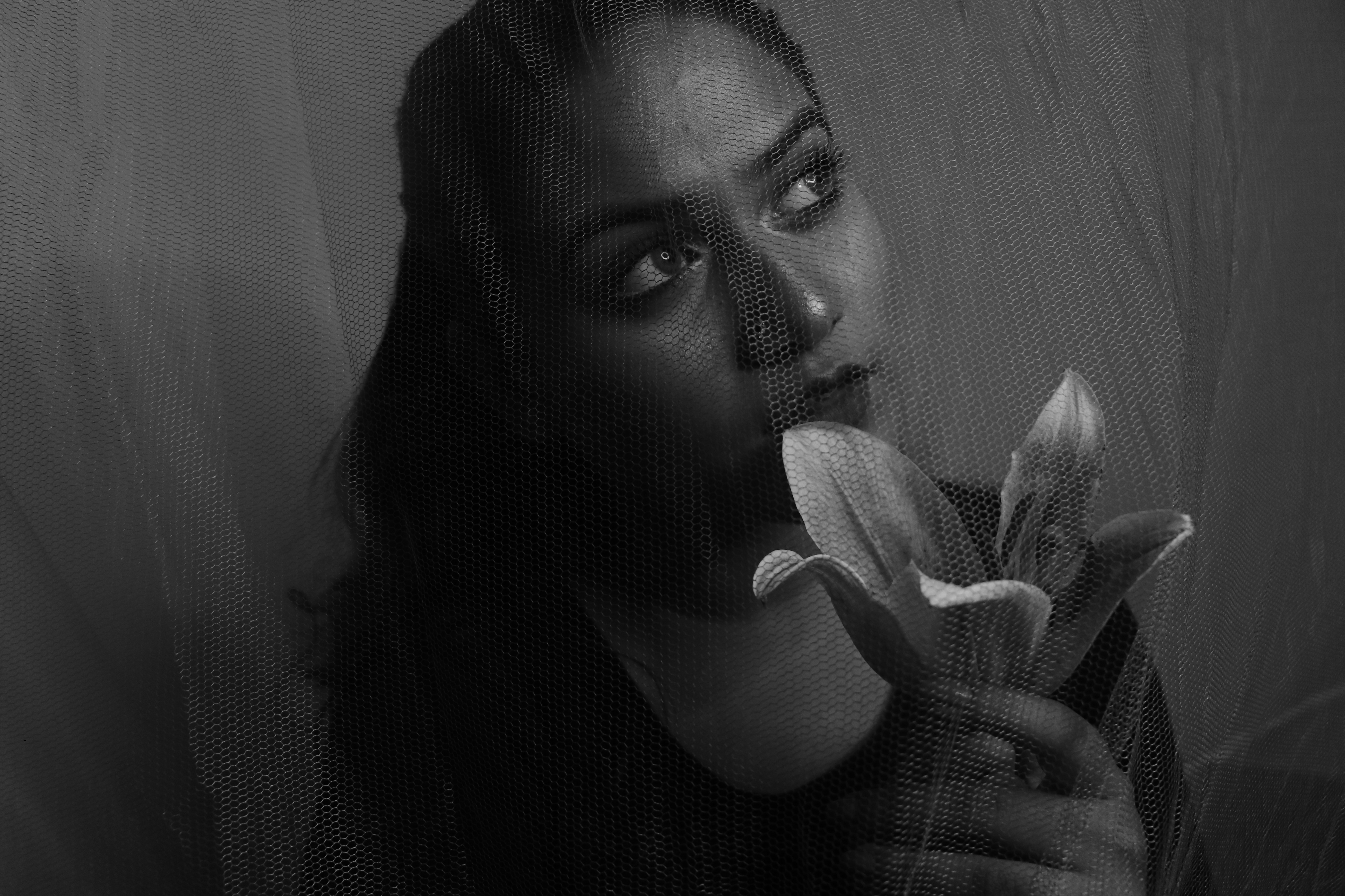 woman holding white flower in grayscale photography