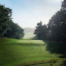 A lush, green golf course with a well-maintained grassy fairway is surrounded by dense trees. The morning light creates a serene atmosphere with a slight mist visible in the distance, enhancing the tranquil environment.