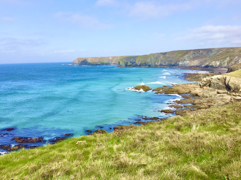 green grass field near blue sea under blue sky during daytime