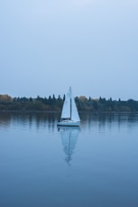 white sailboat on calm water near green trees during daytime