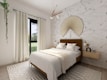 A cozy bedroom showcasing modern decor and textiles.