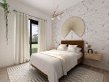 A serene bedroom with a stylish bed and calming decor.