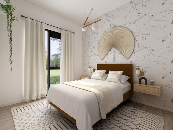 A cozy bedroom showcasing elegant wallpaper designs.