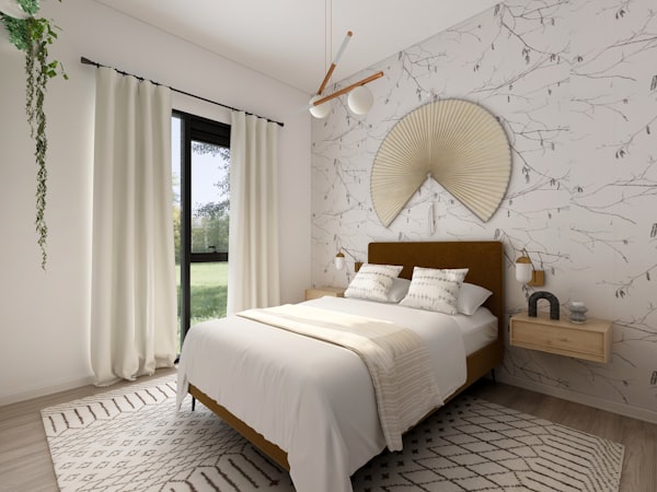 beautiful bedroom - floor to ceiling windows - hanging plants - decorative rug - floating side table - oriental wall art