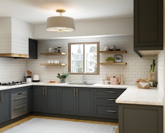 white and brown kitchen cabinet