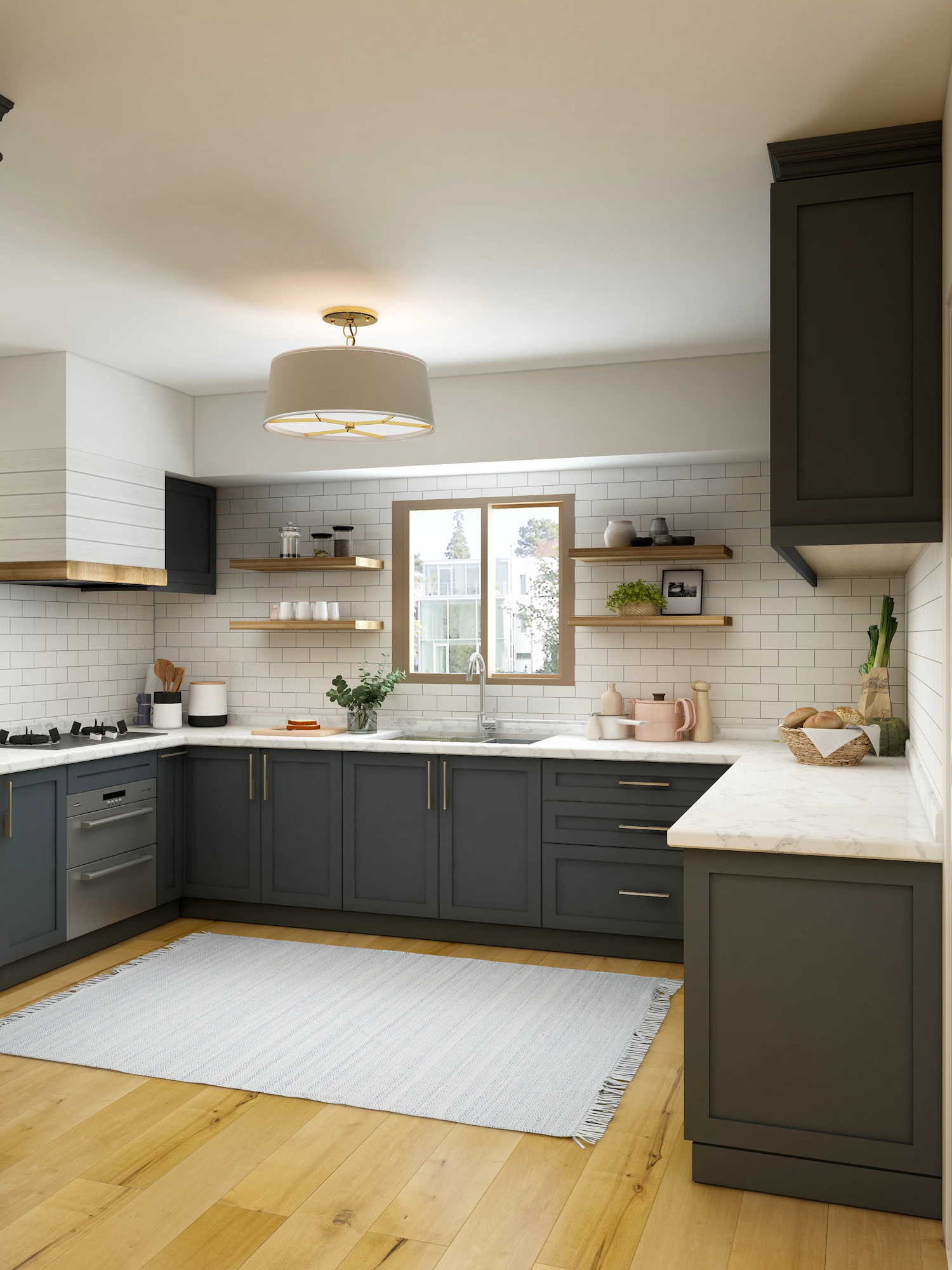 Modern modular kitchen with warm natural finishes and practical work zones