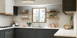 white and brown kitchen cabinet