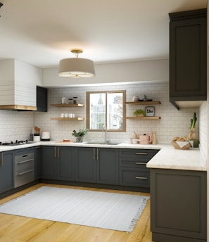 white and brown kitchen cabinet