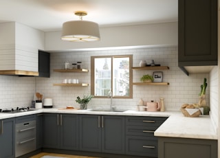 white and brown kitchen cabinet