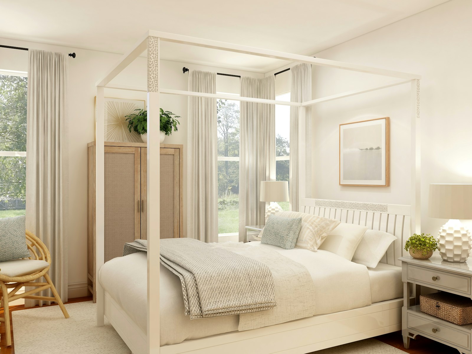 A fresh, layered bohemian bedroom full of texture and plants