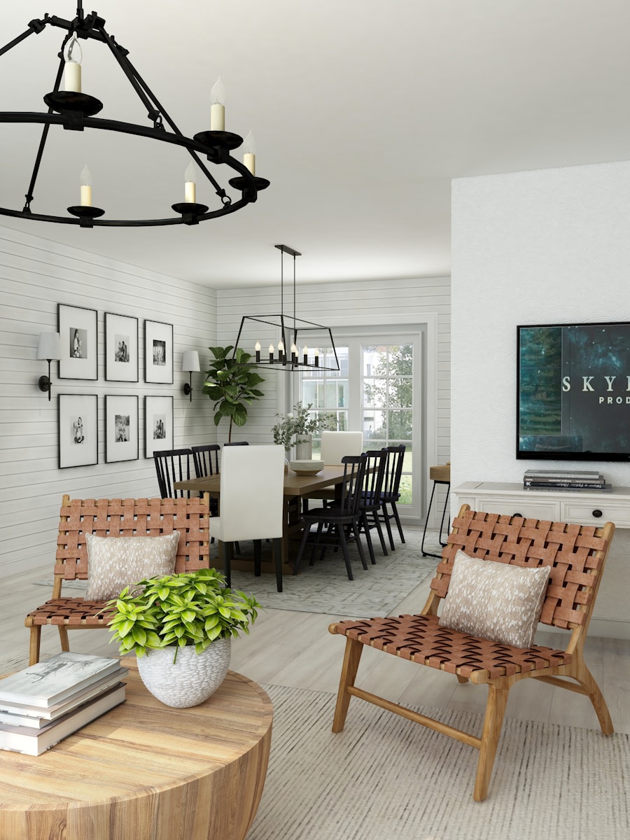 Bright sala with bamboo ceiling and modern art