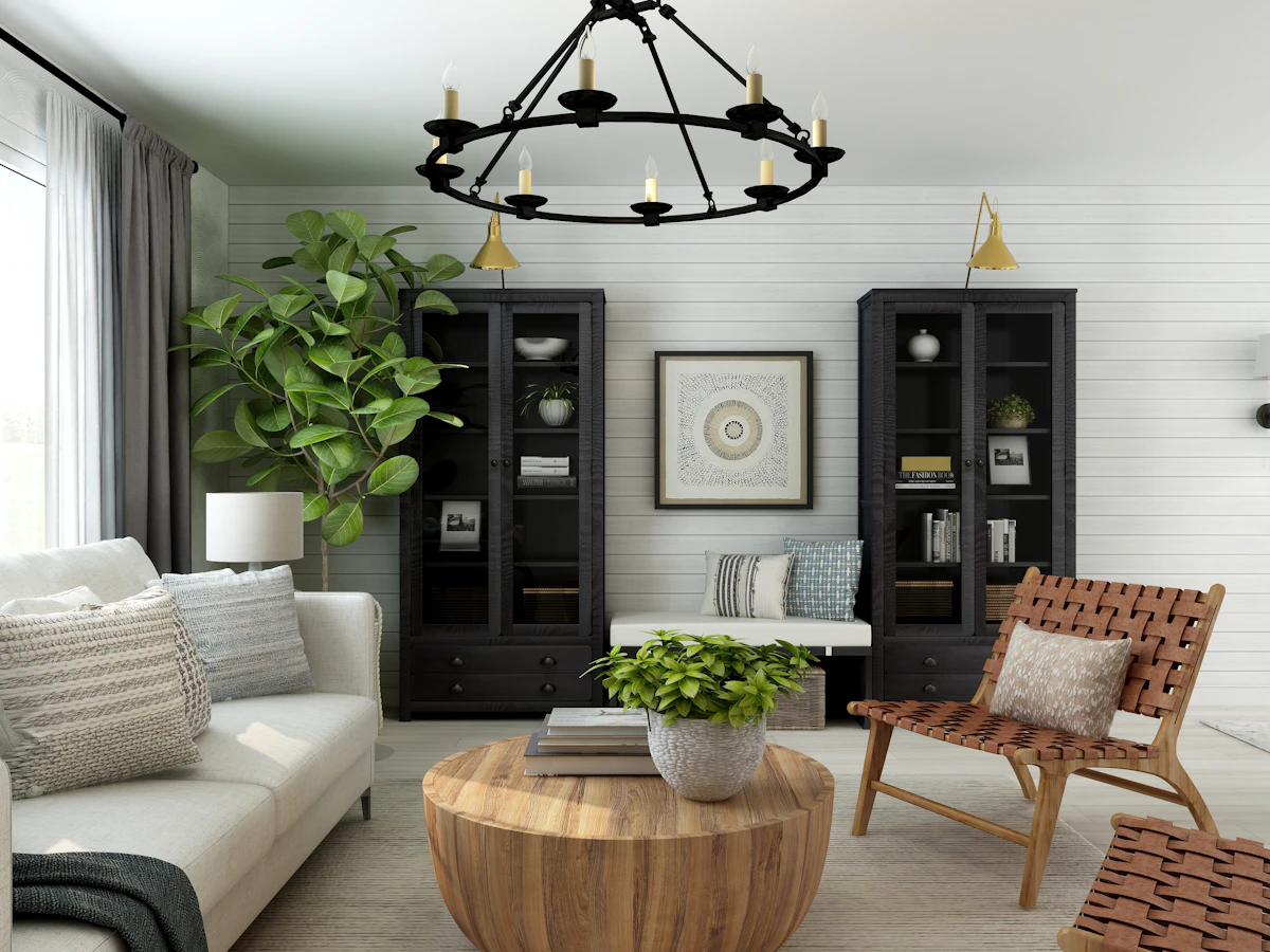 Modern farmhouse living room in light neutral tones with well-designed soft furnishings and natural textures