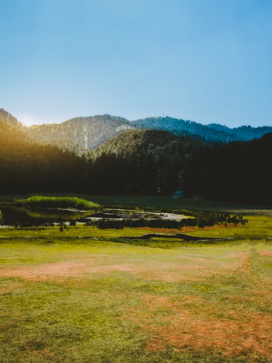 green grass field near lake and mountain during daytime in Khajjiar India