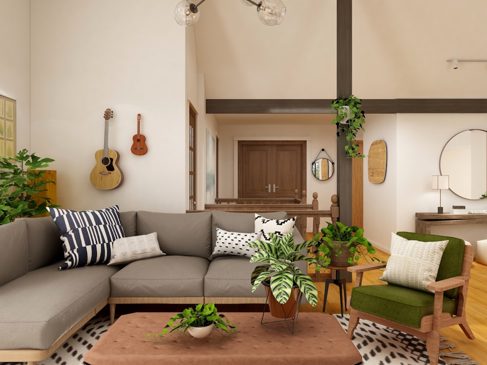 white and black sofa near brown wooden coffee table