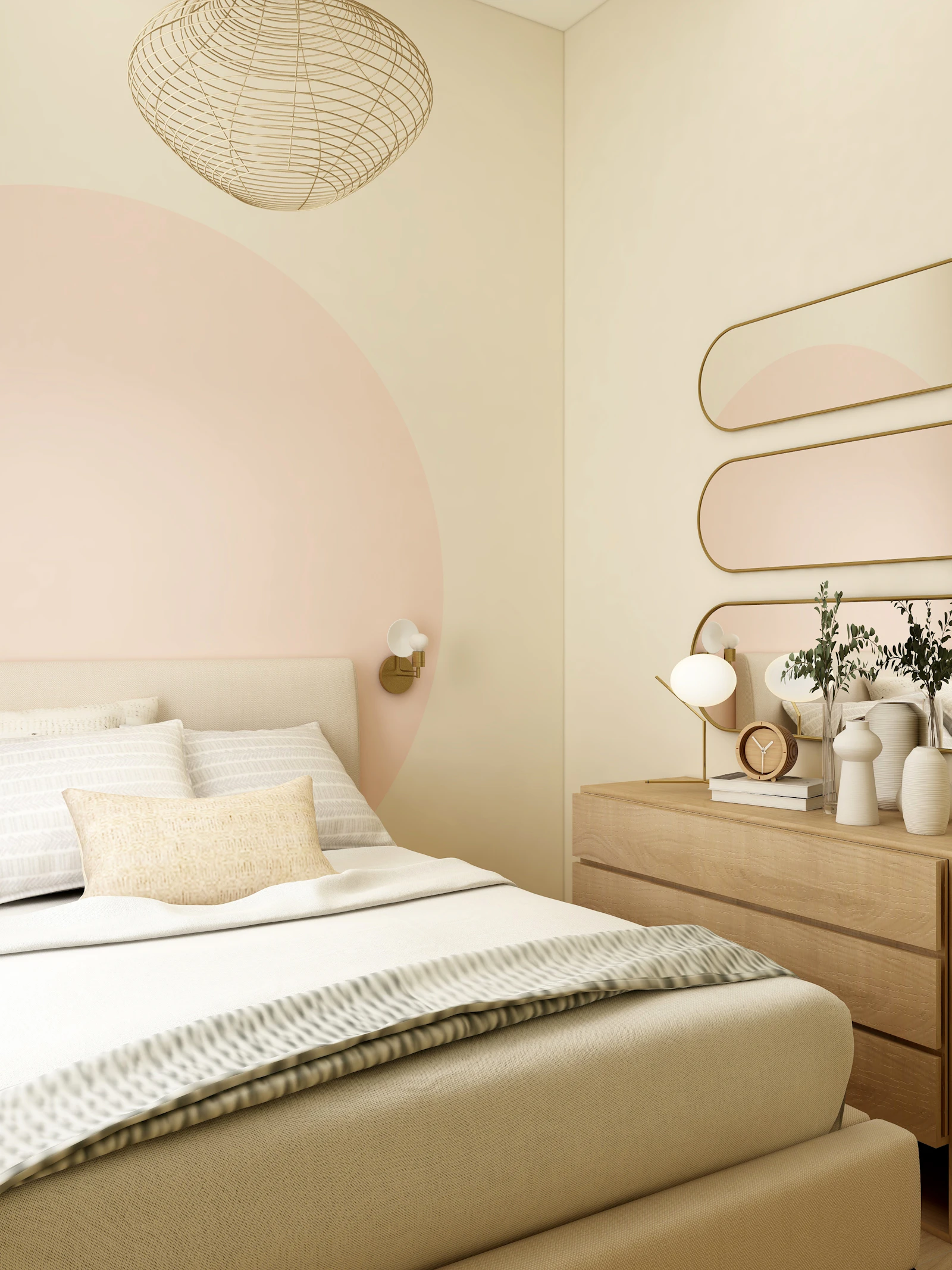 Chambre claire et aérée aux tons crème et rosé, ambiance fraîche
