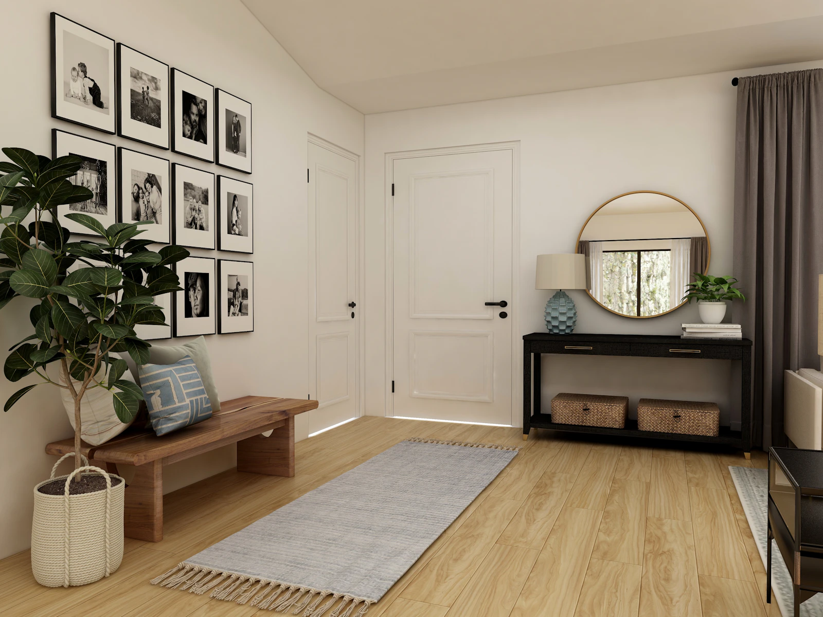 A wooden bench and table near a white entryway door