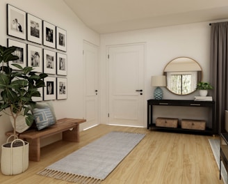 brown wooden coffee table near white wooden door