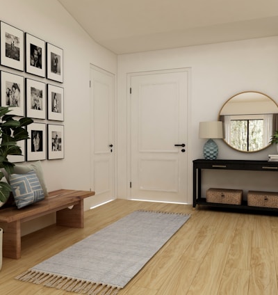 brown wooden coffee table near white wooden door