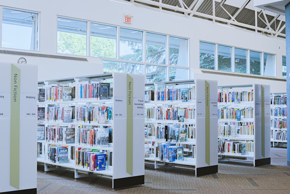 books on white wooden shelf