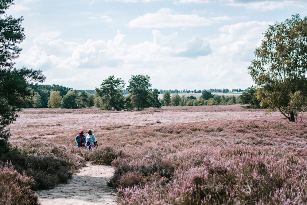 people sitting on dirt road near green grass field during daytime