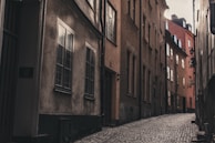 Historic urban street scene with faded murals and cobblestone pavements under soft evening light.
