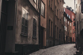 A winding cobblestone street lined with colorful historic buildings bathed in soft afternoon light.