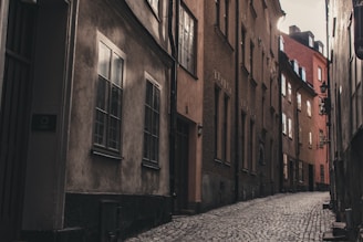 Historic urban street scene with faded murals and cobblestone pavements under soft evening light.