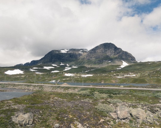 green grass field near mountain under white clouds during daytime in Hardangervidda Norway