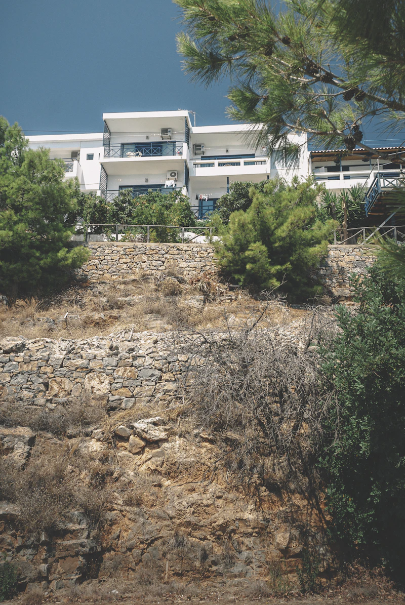 Retaining wall along a landscaped property