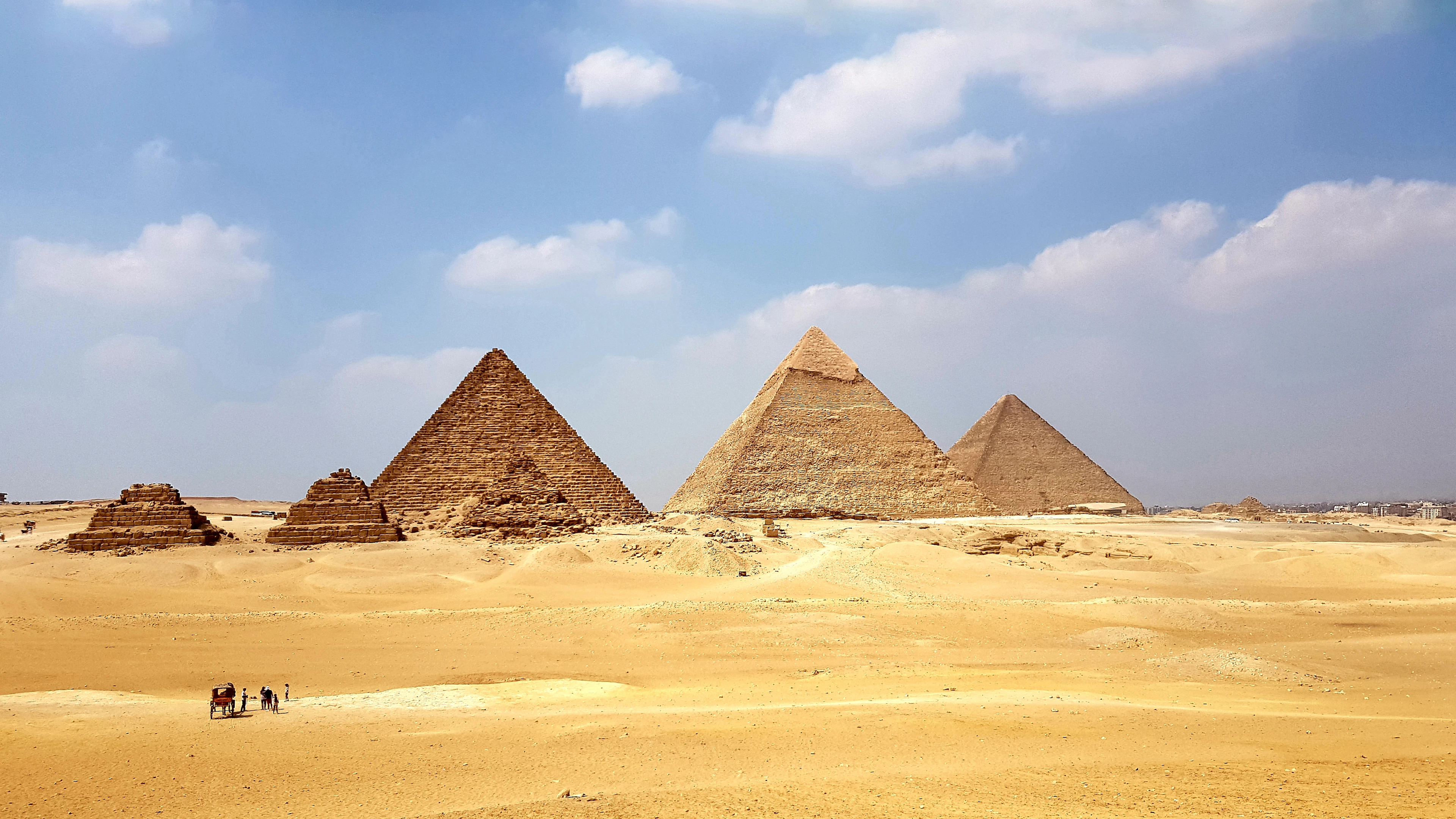 Three of the Pyramids of Giza rising from the desert outside Cairo
