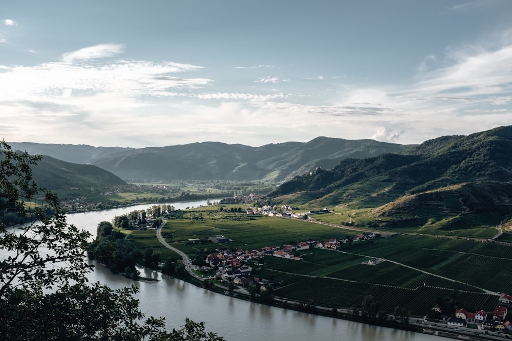 campo di erba verde vicino al lago sotto il cielo blu durante il giorno