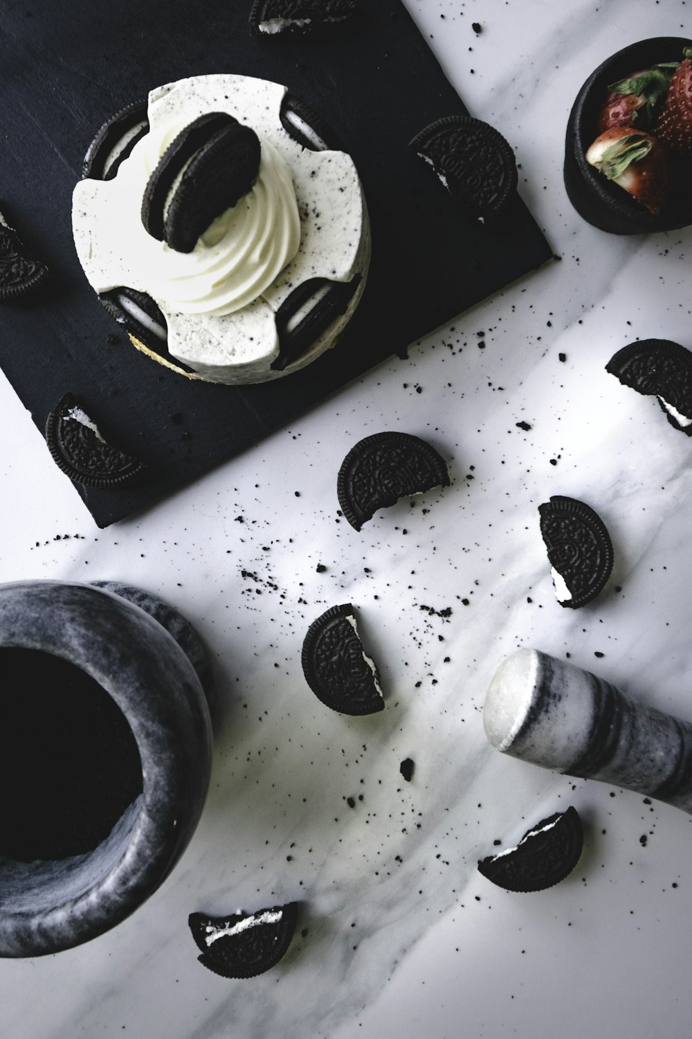 black and white chocolate on white ceramic plate