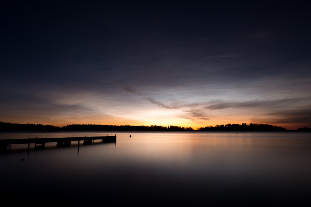 silhouette of trees near body of water during sunset