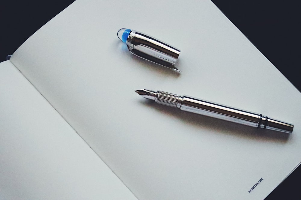 silver and blue click pen