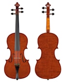 Two views of a stringed musical instrument with a wooden body, showing the front with strings and sound holes, and the back with a rich, natural wood grain pattern.