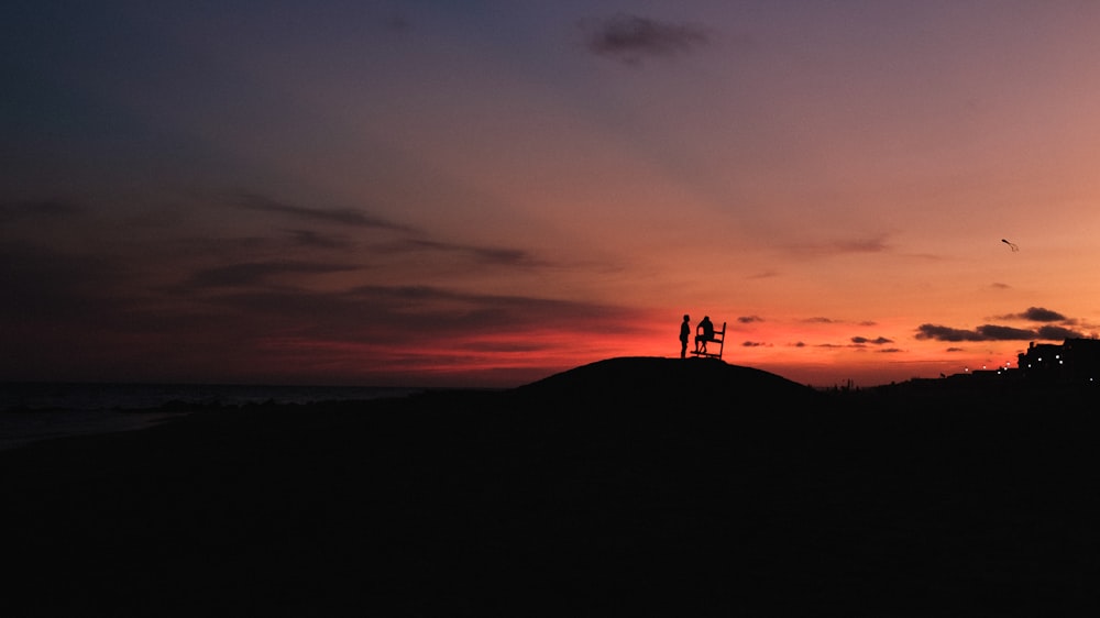 silhouette of 2 people standing on hill during sunset