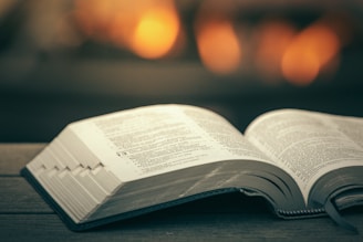 An open book on a wooden table with a cozy reading nook in the background.