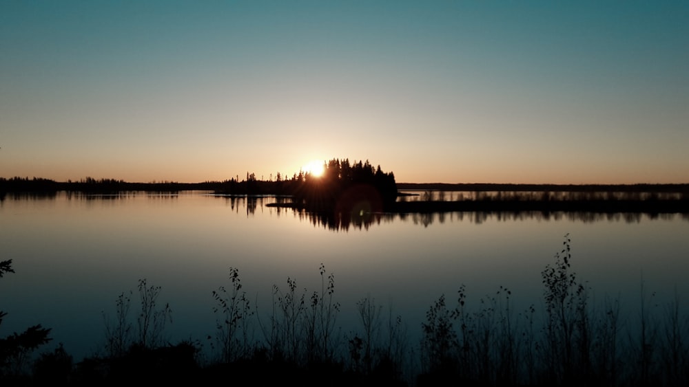 body of water near trees during sunset